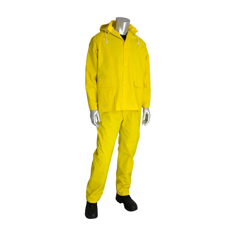 3-Piece Yellow Rainsuit, .35mm PVC/Polyester, Hooded with Self-Collar